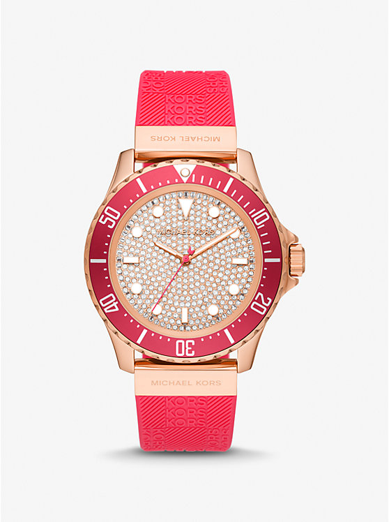 Oversized Slim Everest Pavé Rose-Gold Tone and Embossed Silicone Watch | Michael Kors MK7359