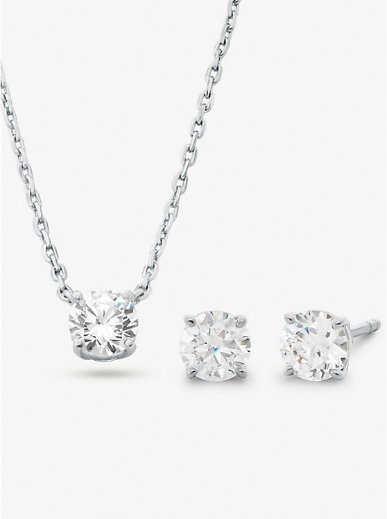 Precious Metal Plated Sterling Silver Cubic Zirconia Necklace and Stud Earrings Set | Michael Kors MKC1695SET